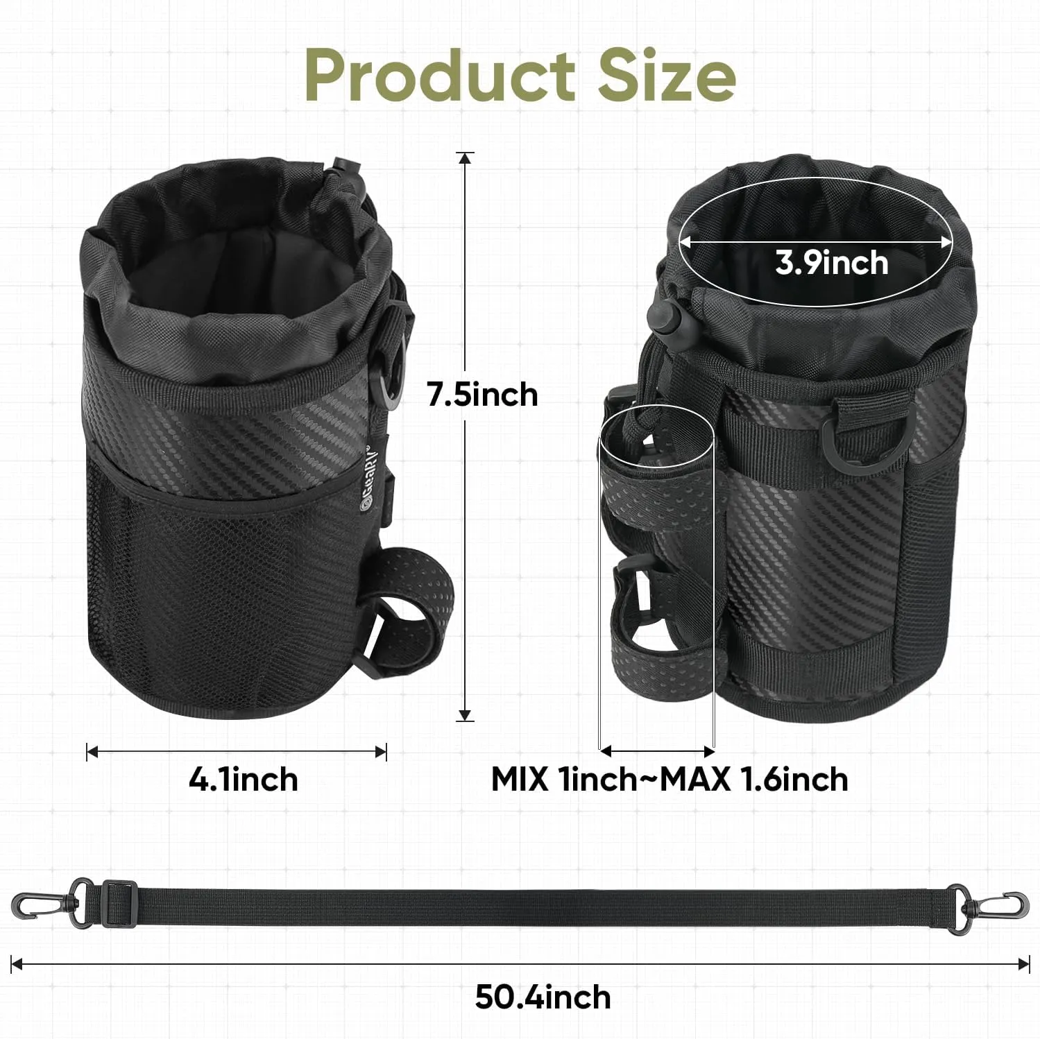 GEARV Bike Cup Holder with Shoulder Strap, Water Bottle Holder for Hiking, Scooter, UTV/ATV, Golf Cart, Universal Drink Holder Accessories (Carbon Black)