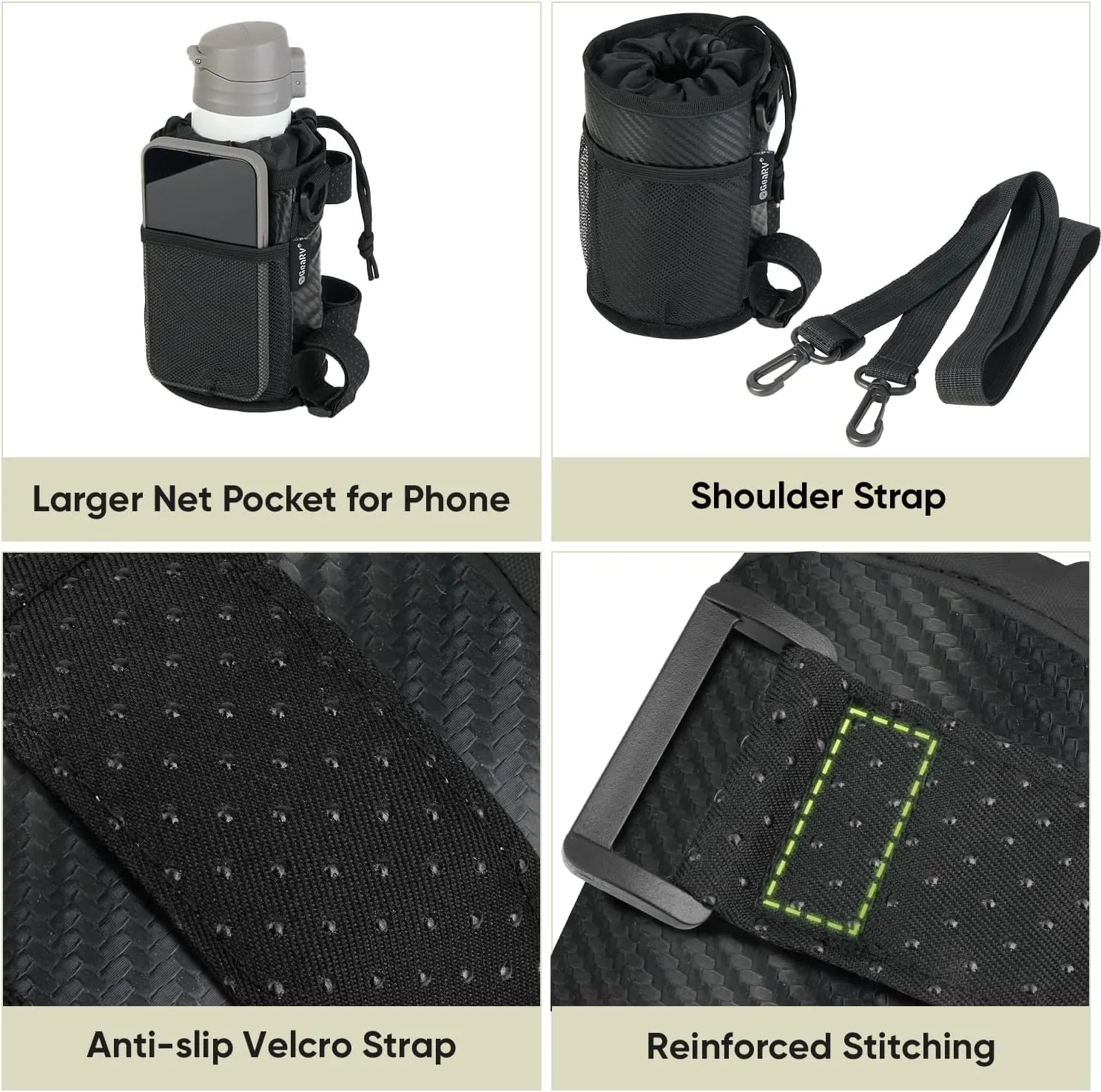 GEARV Bike Cup Holder with Shoulder Strap, Water Bottle Holder for Hiking, Scooter, UTV/ATV, Golf Cart, Universal Drink Holder Accessories (Carbon Black)