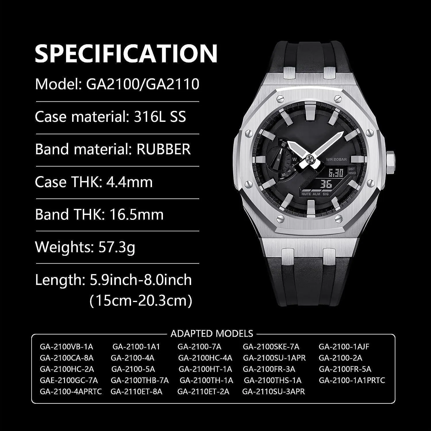 Gen 5 Stainless Steel Metal Watch Case Fluororubber Band Mod Kit，For GA2100/2110 GM2100 Watch Bezel Conversion Kit Retrofit Kit For Men's Women GA2100 Watches Modification and Upgrade