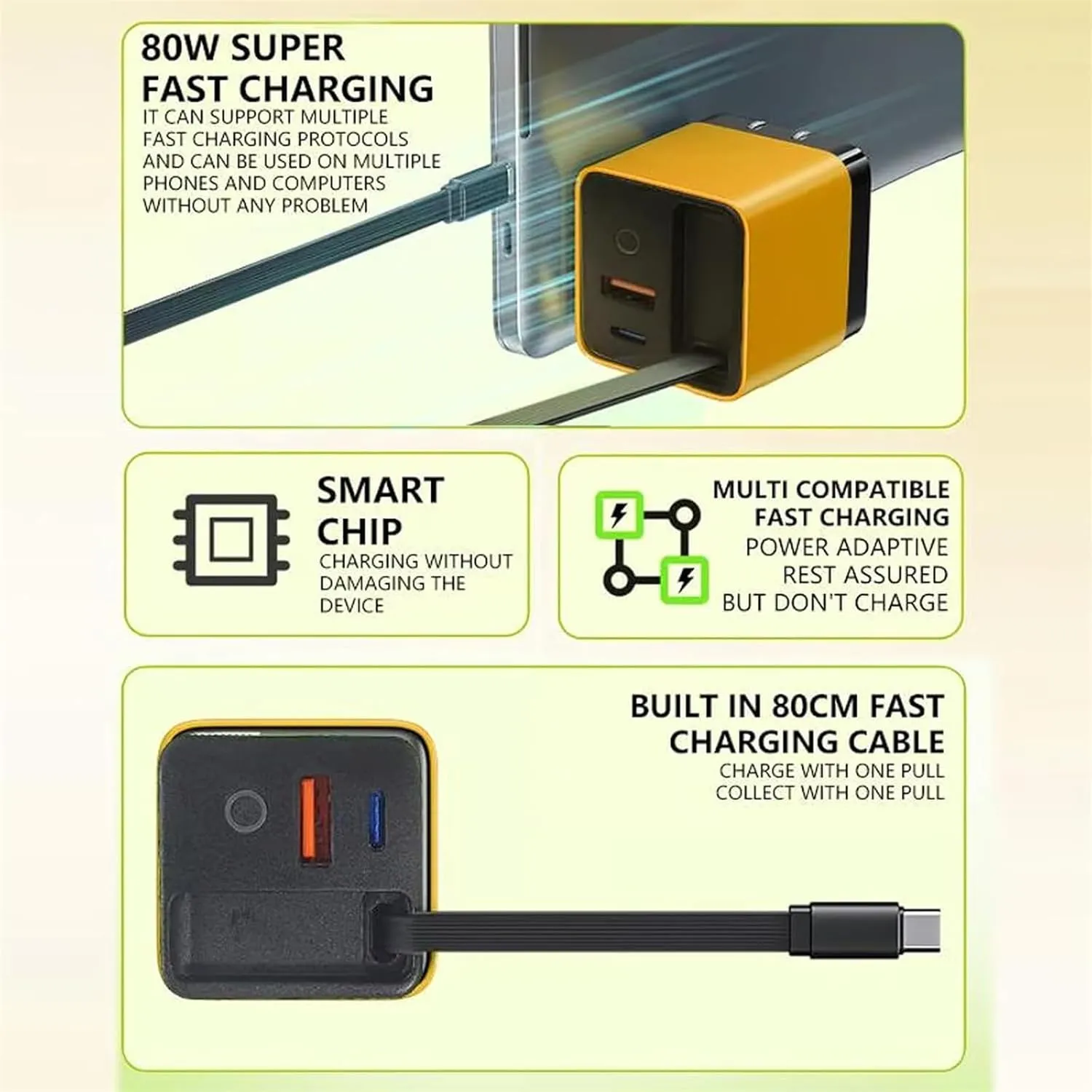 Generouts Torbe 3 in 1 Charger, Scalable 80w Max Fast Charger Module with Type-C Cable and 2 USB Ports, Tobre 3 in 1 Chargers 80 Watt (Yellow Green)
