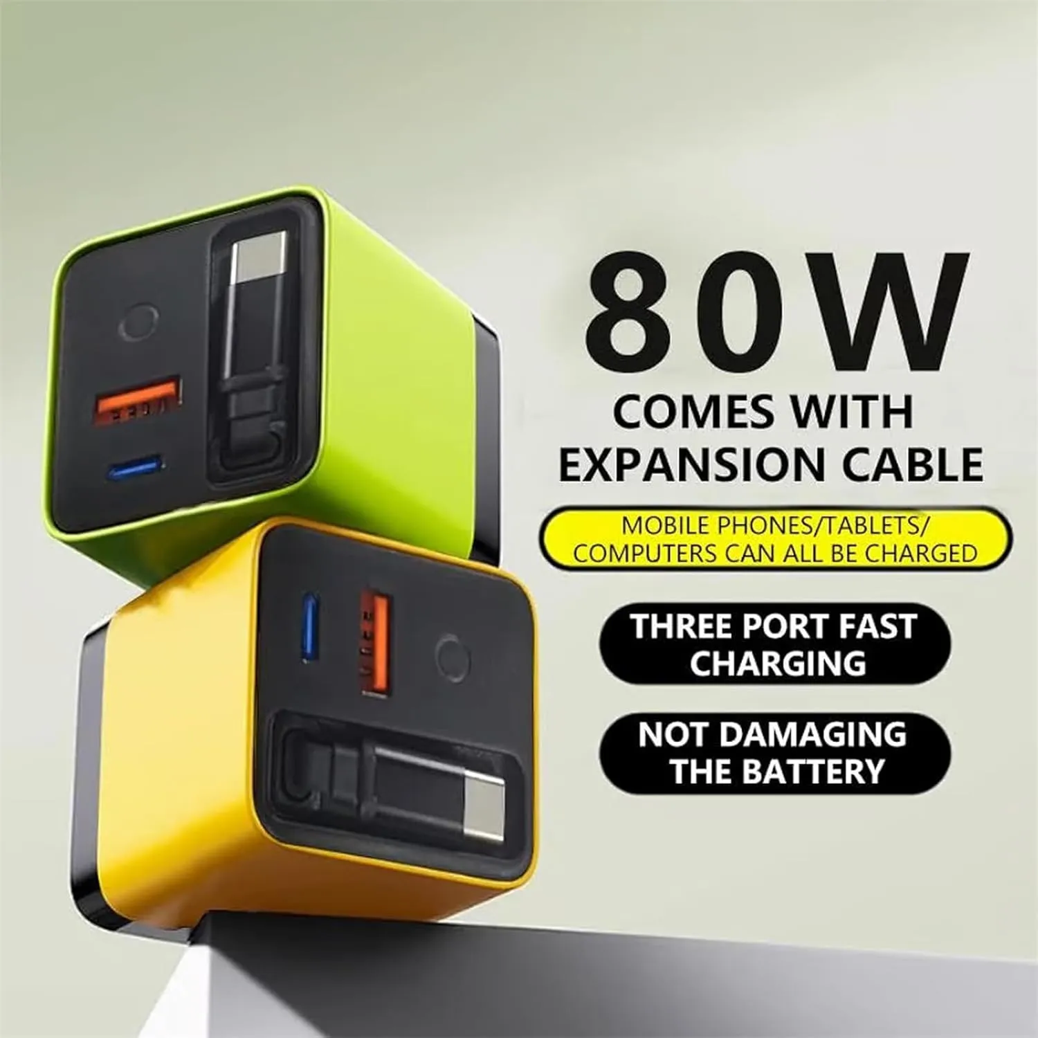 Generouts Torbe 3 in 1 Charger, Scalable 80w Max Fast Charger Module with Type-C Cable and 2 USB Ports, Tobre 3 in 1 Chargers 80 Watt (Yellow Green)