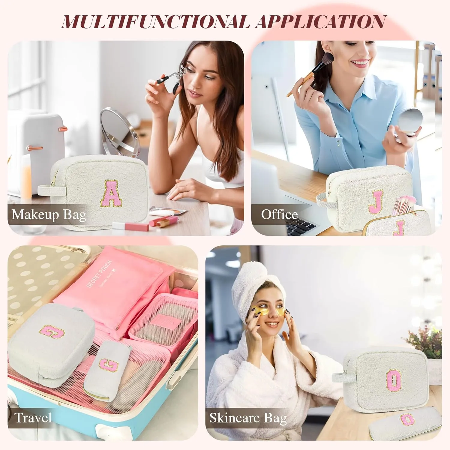 Gifts for Girls, Travel Makeup Bag for Women, Initial Make Up Bag Set for 6 7 8 9 10 11 12 13 Years Old Kids Tween Girls, Large Cosmetic Skincare Bags for Birthday Graduation Gifts, White A