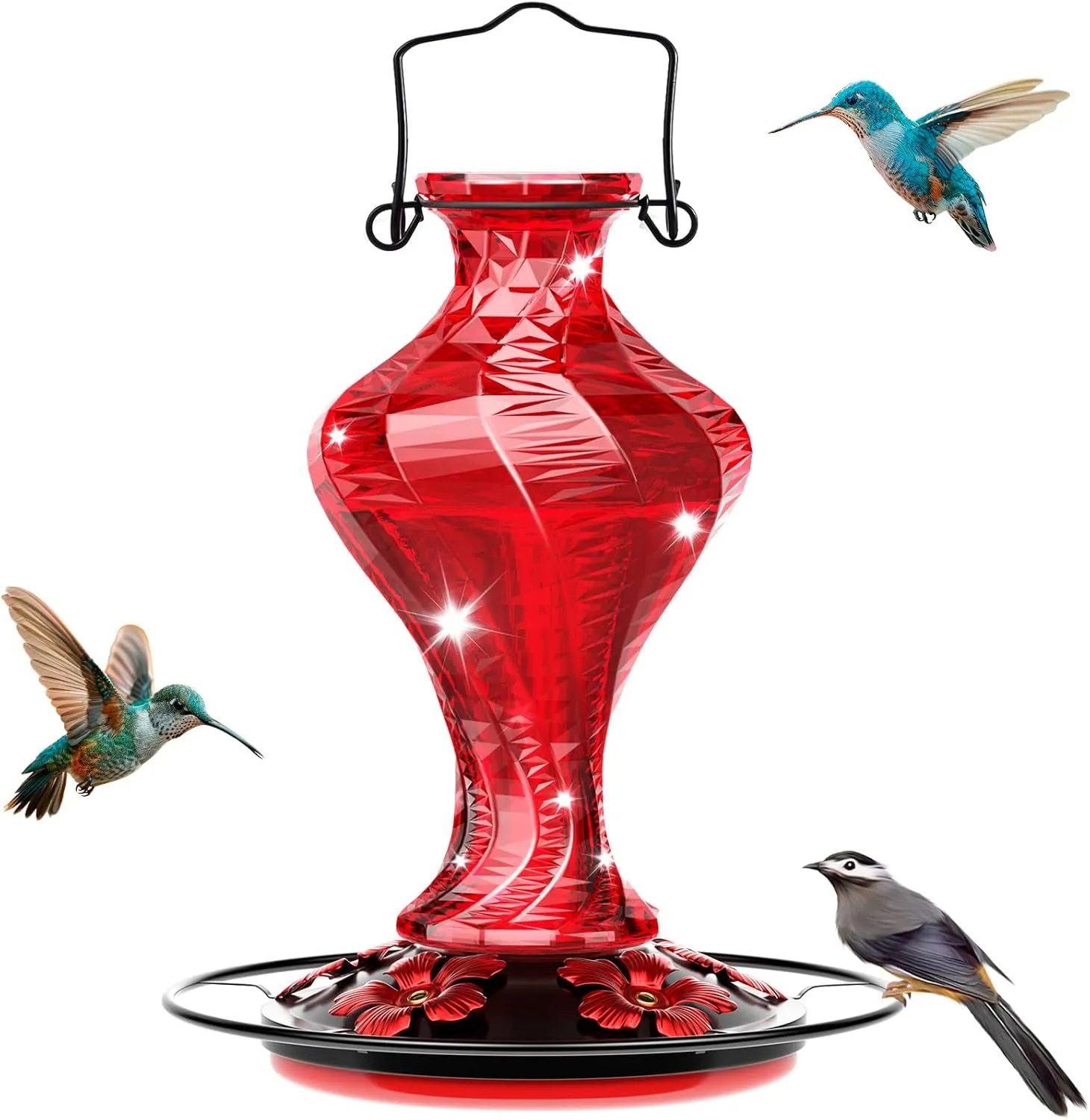 Glass Hummingbird Feeder for Outdoors Hanging, Bird Nectar Feeder with Perch & 5 Flower Feeding Ports, 20 Oz Leak Proof for Outside Garden Decor Backyard, Gifts for Women Mom, Red