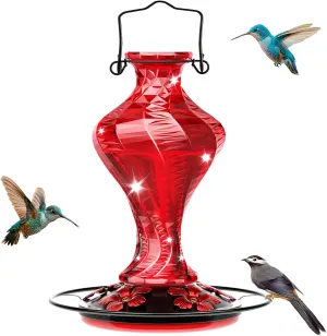 Glass Hummingbird Feeder for Outdoors Hanging, Bird Nectar Feeder with Perch & 5 Flower Feeding Ports, 20 Oz Leak Proof for Outside Garden Decor Backyard, Gifts for Women Mom, Red