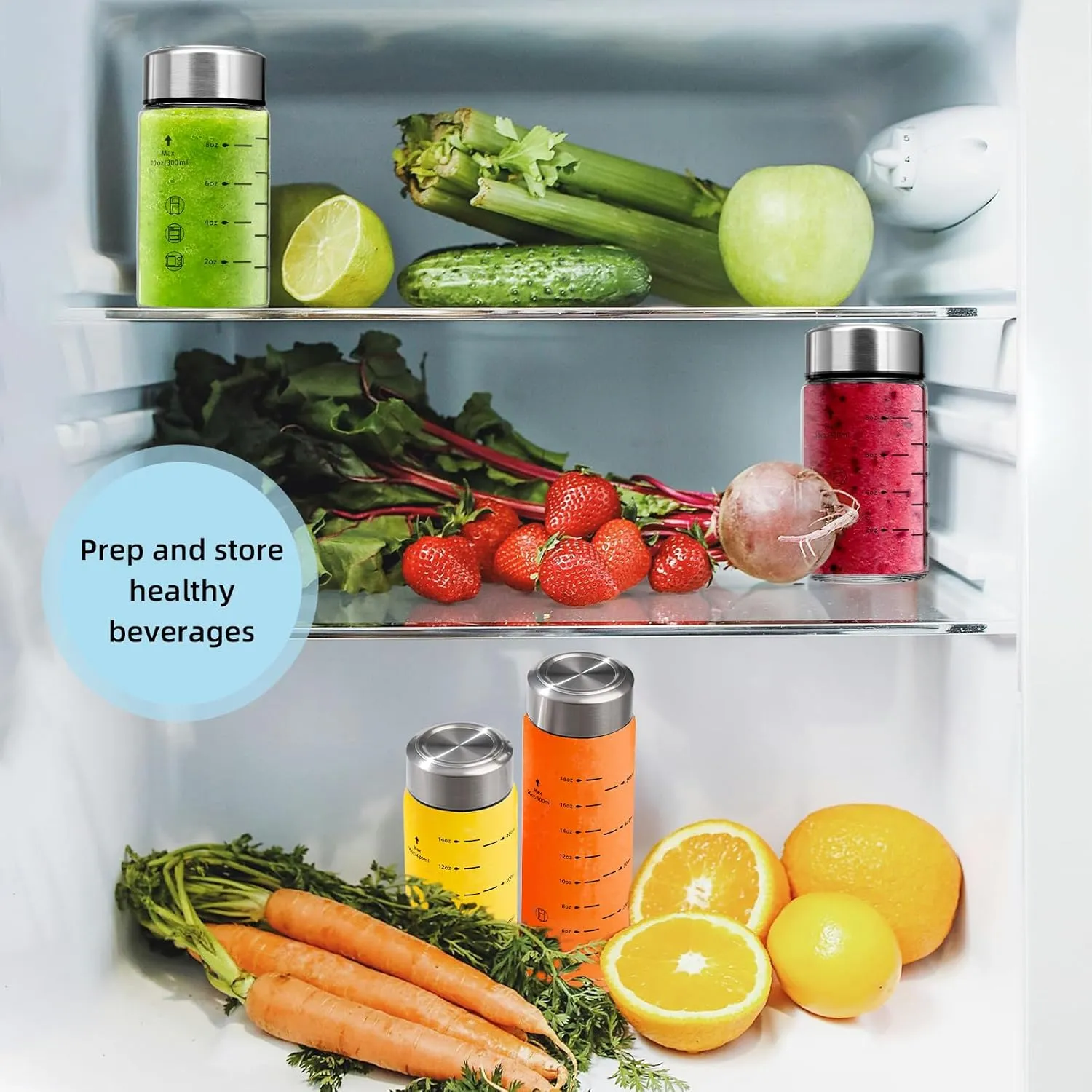 Glass Juice Bottles 4 Pack 10 oz - Wide Mouth Glass Water Bottles with Lids - Borosilicate,Stainless Steel Lids for Juicing, Smoothies, Infused Water, Beverage Storage, Leakproof, Reusable,BPA Free