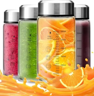 Glass Juice Bottles 4 Pack 12 oz - Wide Mouth Glass Water Bottles with Lids, Stainless Steel Lids for Juicing, Smoothies, Protein, Milk, Reusable & Leakproof Beverage Storage, BPA Free