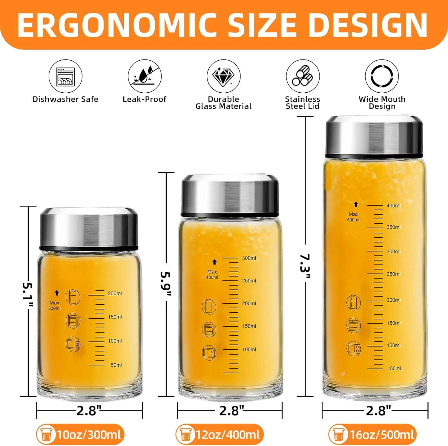 Glass Juice Bottles 4 Pack 12 oz - Wide Mouth Glass Water Bottles with Lids, Stainless Steel Lids for Juicing, Smoothies, Protein, Milk, Reusable & Leakproof Beverage Storage, BPA Free
