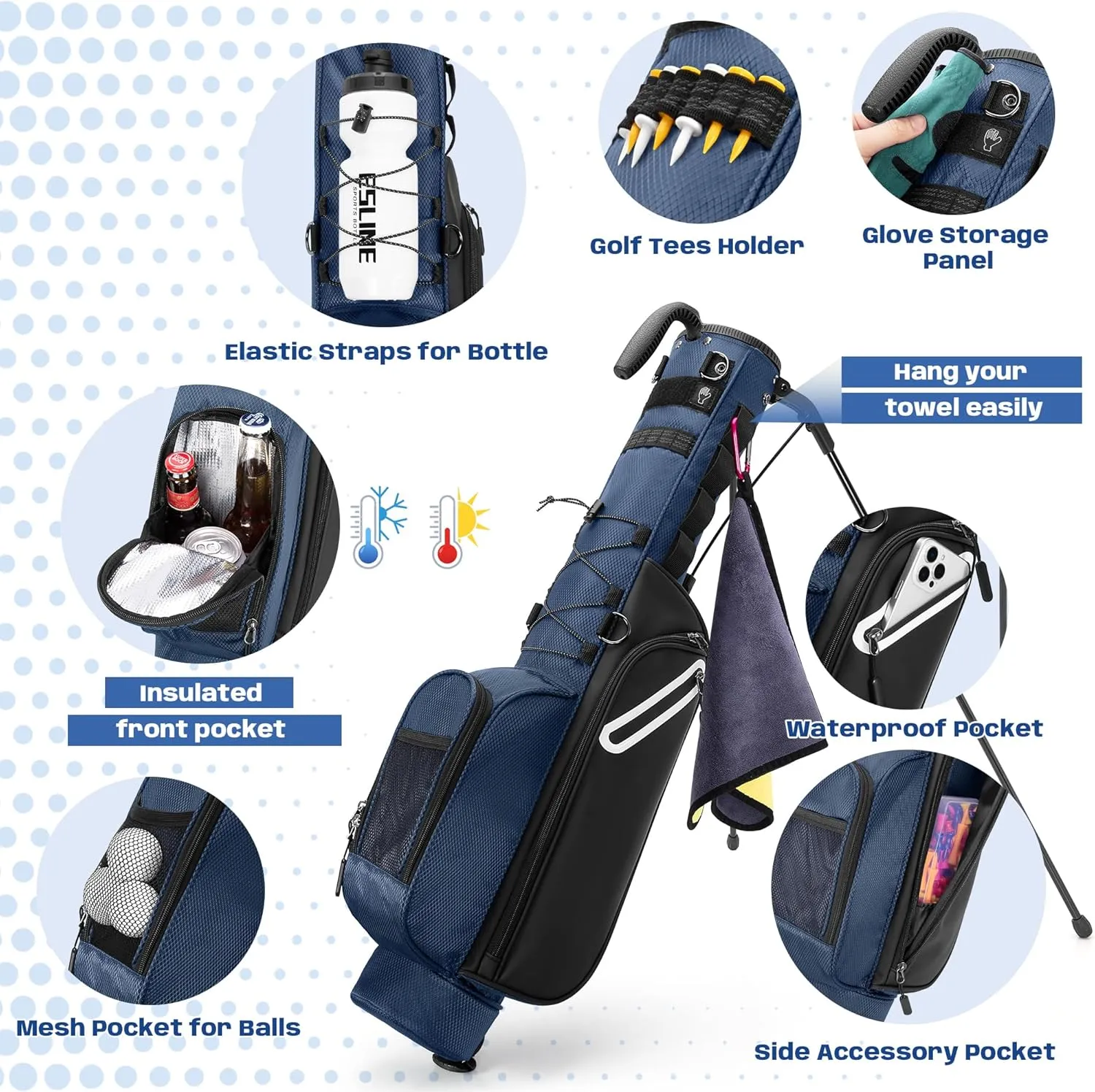 Golf Stand Bag Fit Up to 7 Clubs, Compact Design for Par 3 Courses and Driving Range, Lightweight Pitch and Putt Golf Bag, with Padded Ergonomic Double Straps, Rain Cover, Accessory Pockets