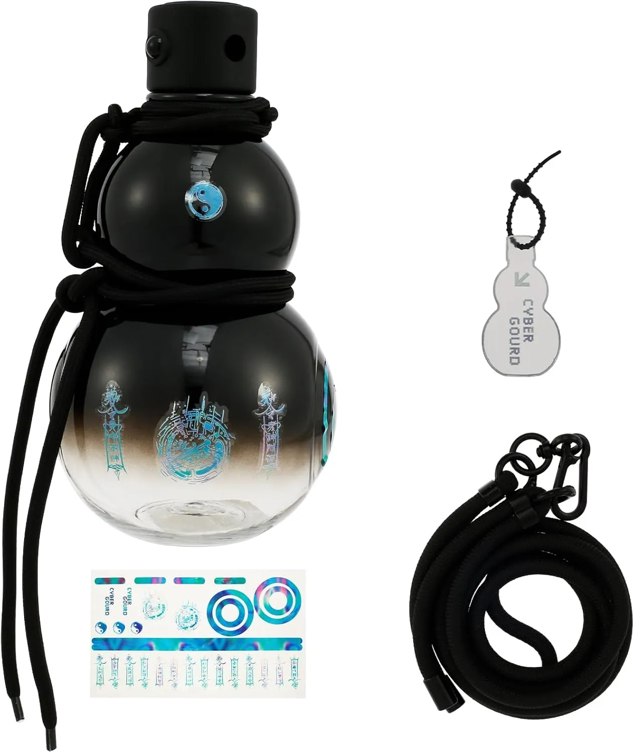 Gourd Water Bottle, 32 oz Sports Drinking Gourd Bottle with Strap and Sticker, Reusable Travel Water Flask, Screw Top Leak Proof, Chinese Retro-Inspired (Transparent Black)