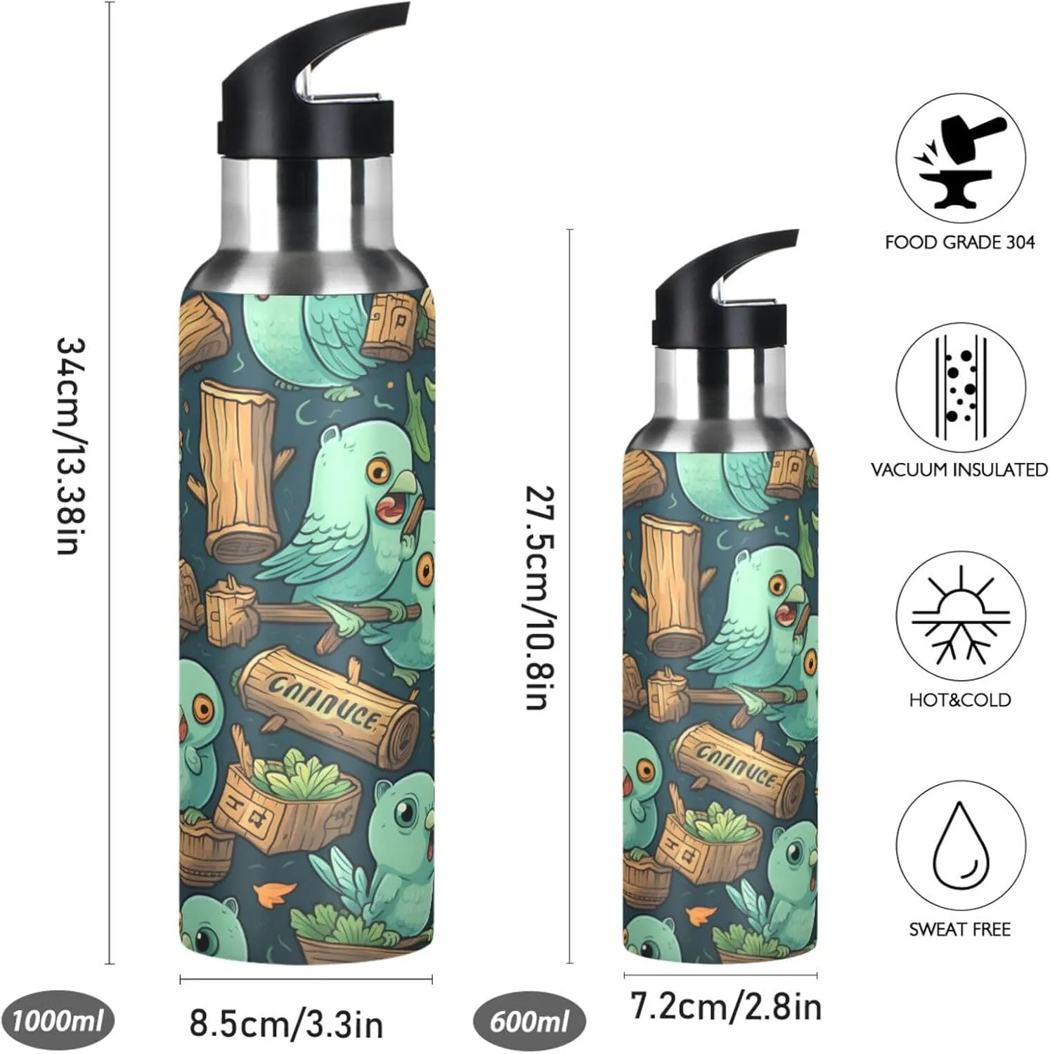 Green Pattern Parrots Sport Water Bottle Insulated Stainless Steel Large Vacuum Flask Leak Proof Thermos with Straw for Travel(600ml/1000ml)