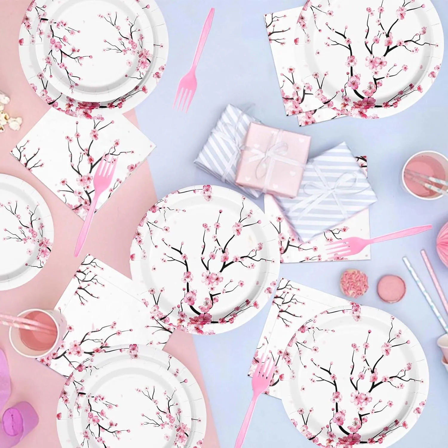 Grencian 96 PCS Cherry Blossom Party Supplies Cherry Blossom Plates and Napkins Disposable Tableware Set Cherry Blossom Birthday Decorations for Baby Bridal Shower Tea Cherry Blossom Decor Serves 24