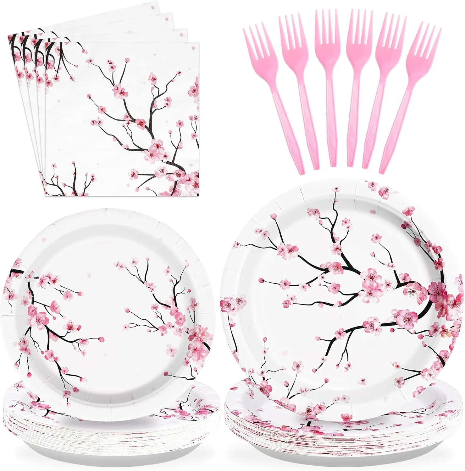 Grencian 96 PCS Cherry Blossom Party Supplies Cherry Blossom Plates and Napkins Disposable Tableware Set Cherry Blossom Birthday Decorations for Baby Bridal Shower Tea Cherry Blossom Decor Serves 24