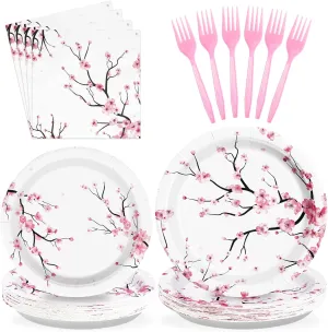Grencian 96 PCS Cherry Blossom Party Supplies Cherry Blossom Plates and Napkins Disposable Tableware Set Cherry Blossom Birthday Decorations for Baby Bridal Shower Tea Cherry Blossom Decor Serves 24