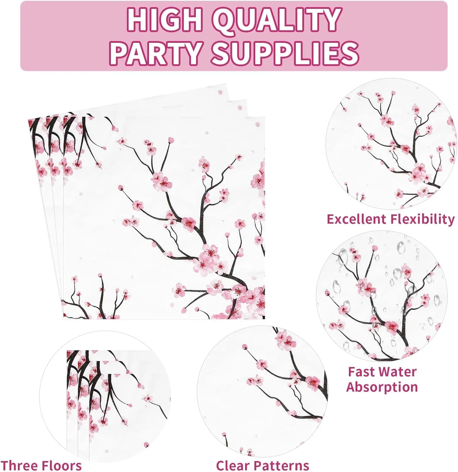 Grencian 96 PCS Cherry Blossom Party Supplies Cherry Blossom Plates and Napkins Disposable Tableware Set Cherry Blossom Birthday Decorations for Baby Bridal Shower Tea Cherry Blossom Decor Serves 24