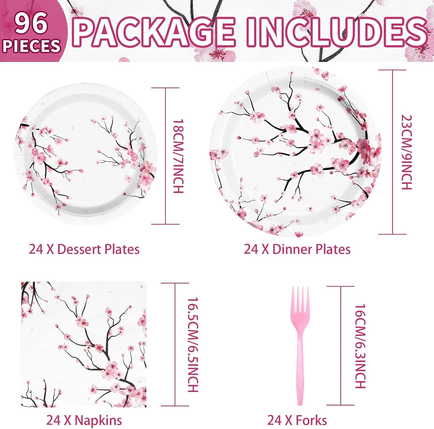 Grencian 96 PCS Cherry Blossom Party Supplies Cherry Blossom Plates and Napkins Disposable Tableware Set Cherry Blossom Birthday Decorations for Baby Bridal Shower Tea Cherry Blossom Decor Serves 24