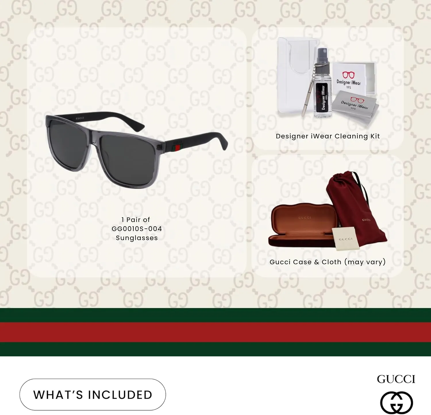 Gucci GG0010S Square Sunglasses For Men For Women   BUNDLE with Designer iWear Eyewear Care Kit