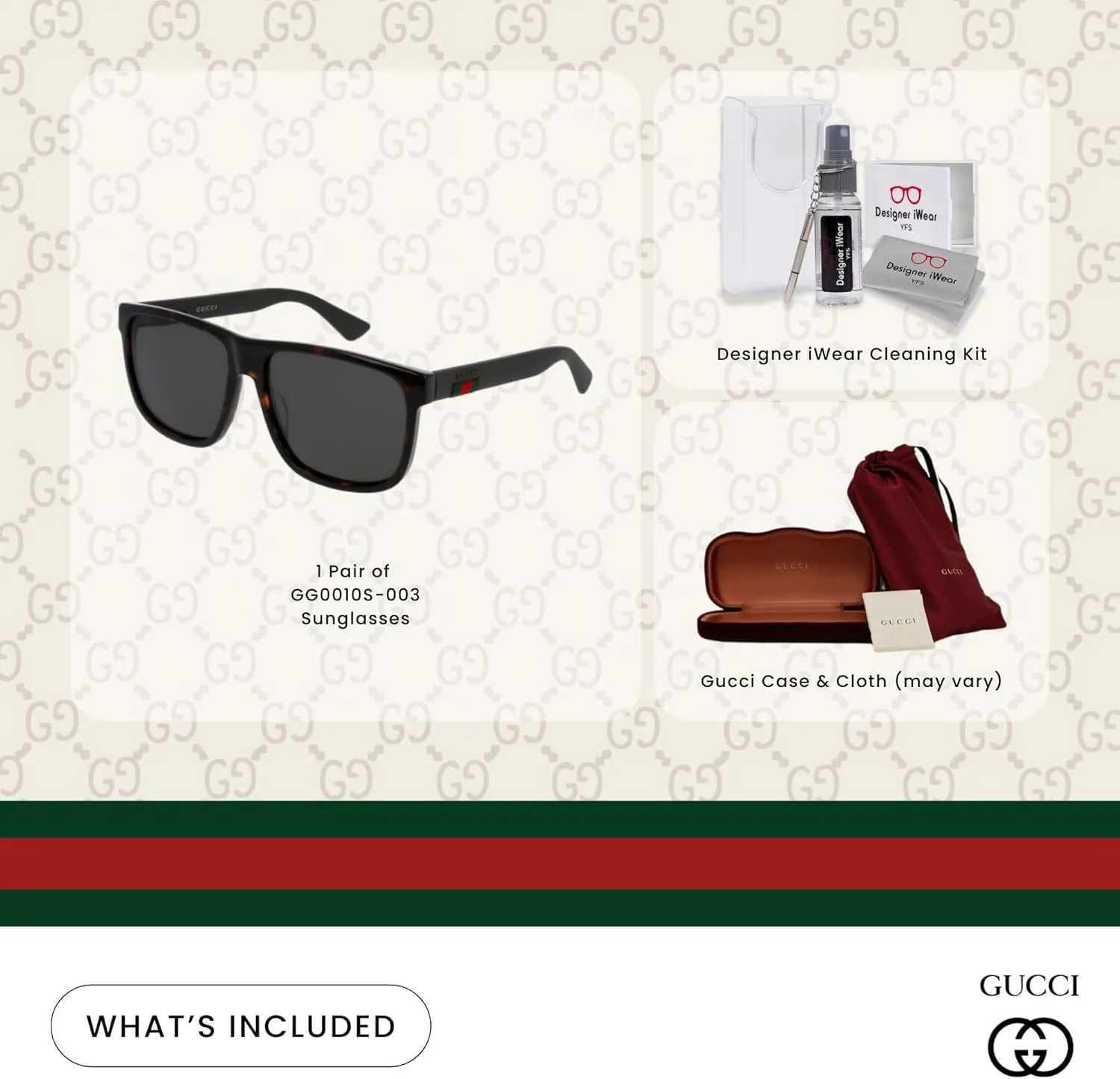 Gucci GG0010S Square Sunglasses For Men For Women   BUNDLE with Designer iWear Eyewear Care Kit