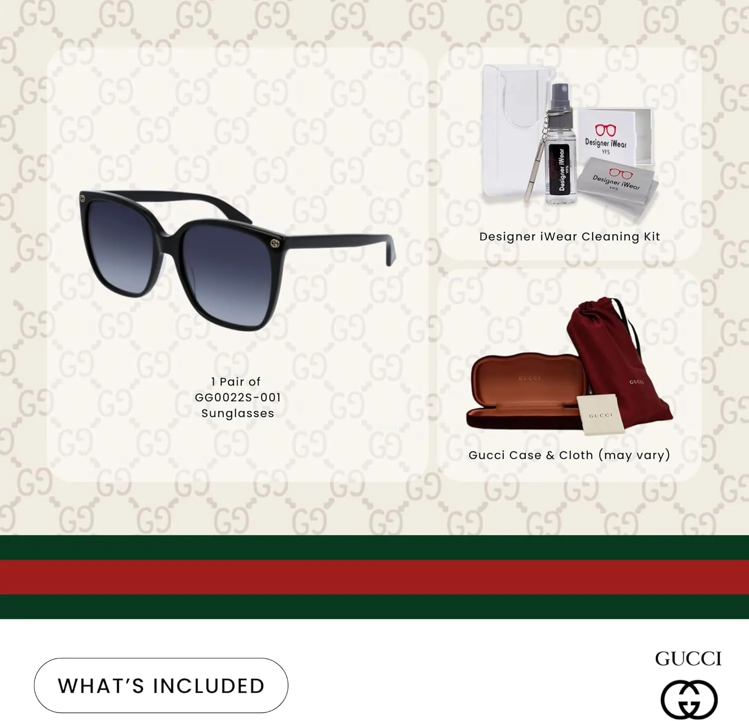 Gucci GG0022S Square Sunglasses For Men For Women FREE Complimentary Eyewear Care Kit
