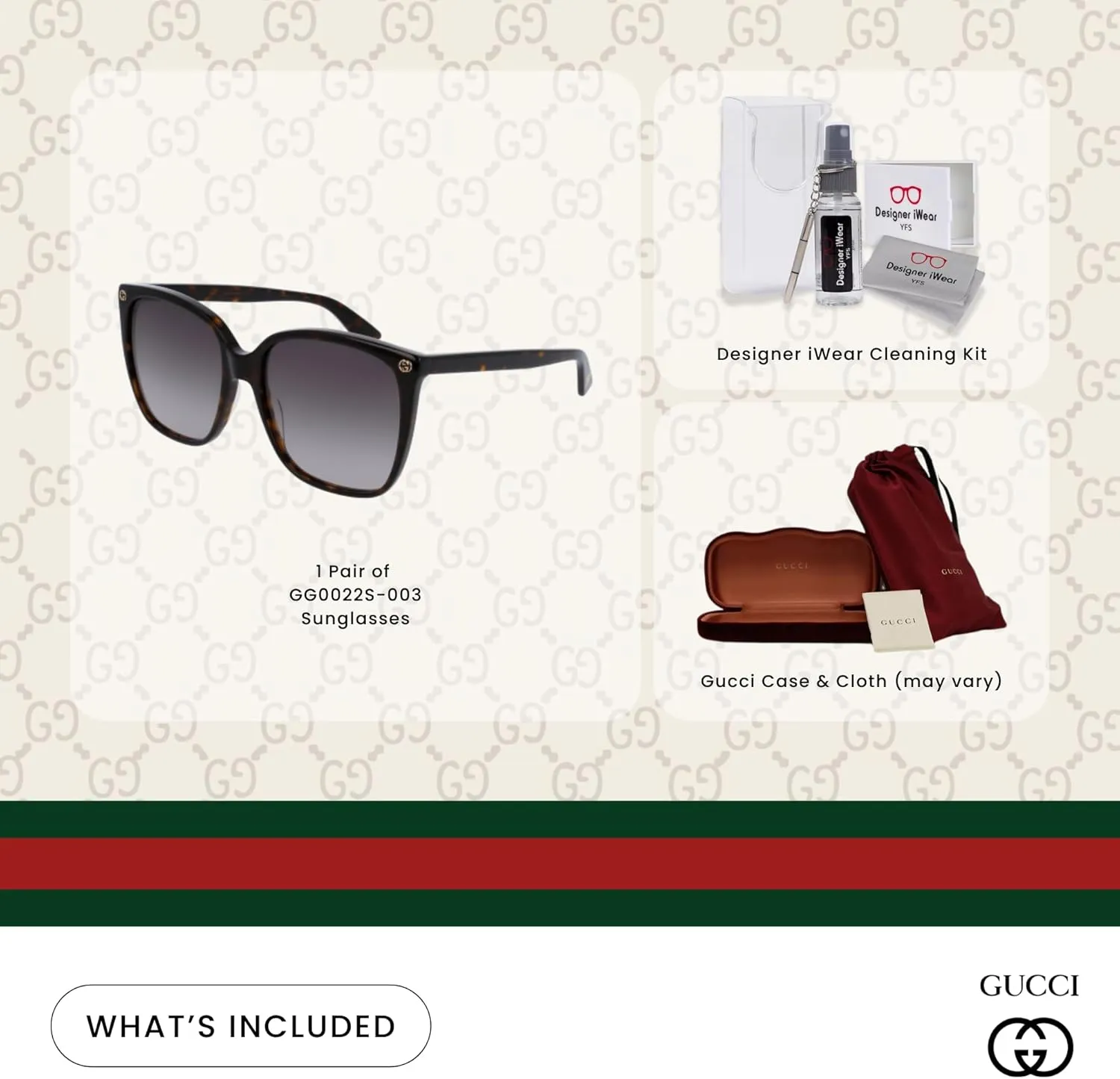 Gucci GG0022S Square Sunglasses For Men For Women FREE Complimentary Eyewear Care Kit