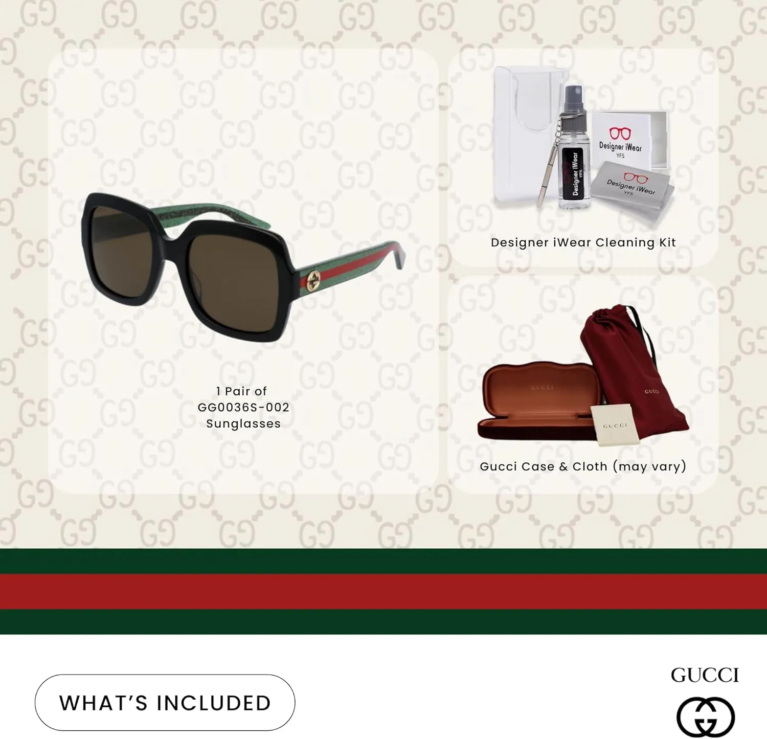 Gucci GG0036S Rectangle Sunglasses For Women   BUNDLE with Designer iWear Eyewear Care Kit