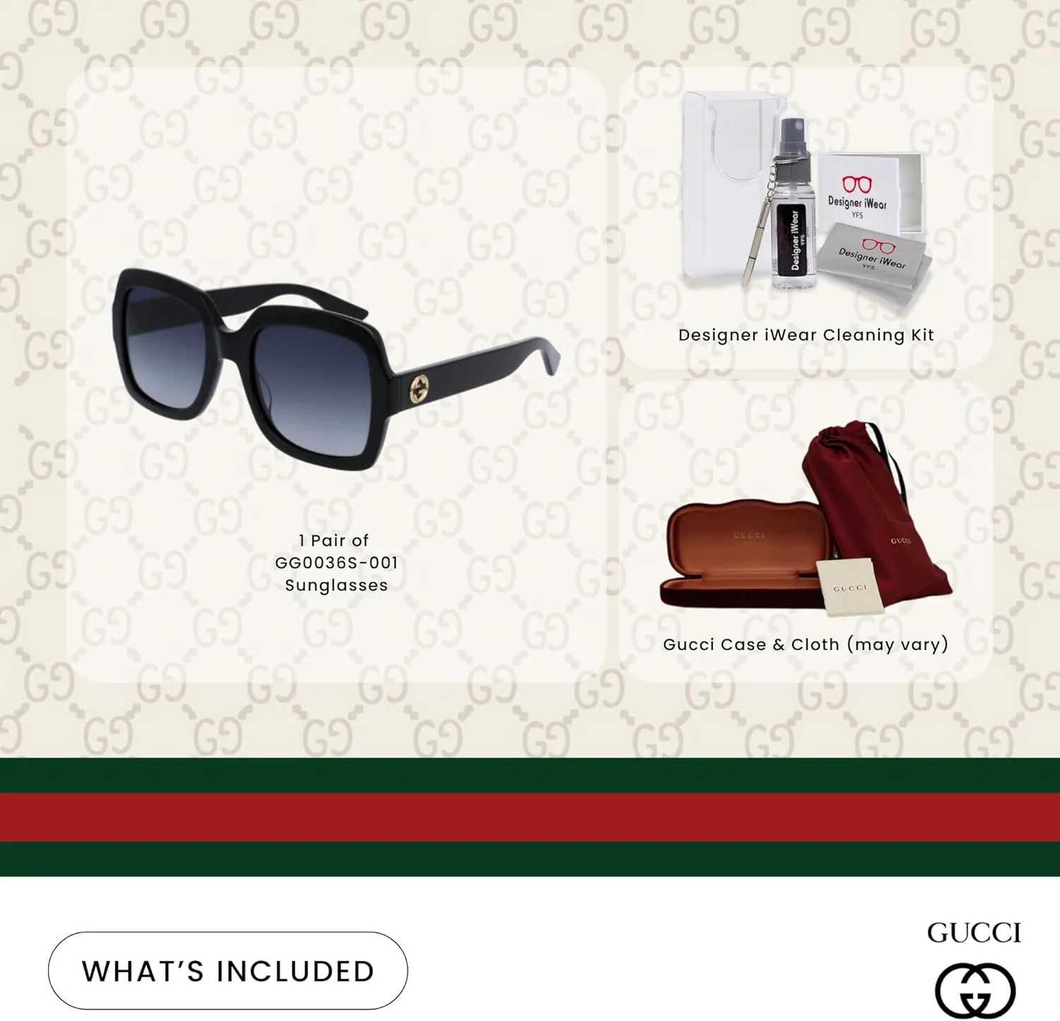 Gucci GG0036S Rectangle Sunglasses For Women   BUNDLE with Designer iWear Eyewear Care Kit