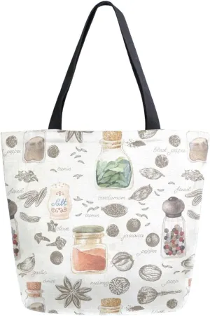 Hand Draw Flavor Bottle Spices Canvas Tote Bag for Women with Zipper Pocket Reusable Grocery Shopping Bags Large Travel Shoulder Bag Handbag Bags