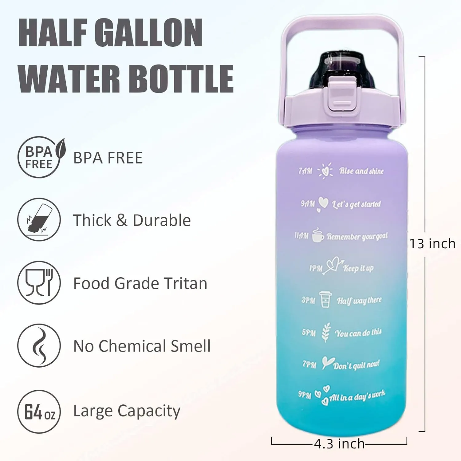 HANDA 64 OZ Half Gallon Motivational Water Bottle with Time Marker & Removable Straw, Handle, BPA Free Leakproof Non-Toxic 2L Large Water Jug for Fitness Gym Outdoor Sports (Purple/Blue)
