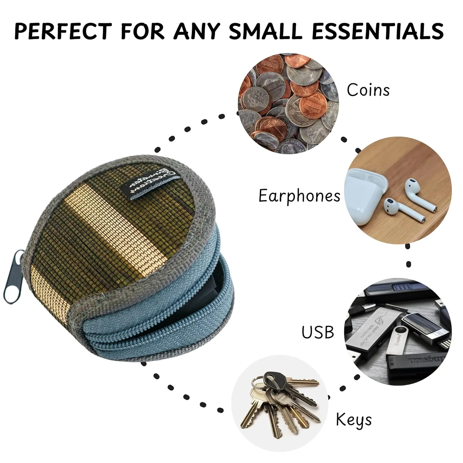 Handmade Coin Bag – Woven Coin Case Pouch for Men & Women | Handmade Wallet, Change Pouch, Small Zipper Wallet | Made from Natural Grasses & Buntal Fibers (Gray & Natural)