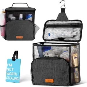 Hanging Toiletry Bag, Shower Caddy Tote Bag (Updated Version, Full Size Bottle Compatible), Bath Organizer for College Dorms, Gym, Camp, Women Men, with Funny Luggage Tag