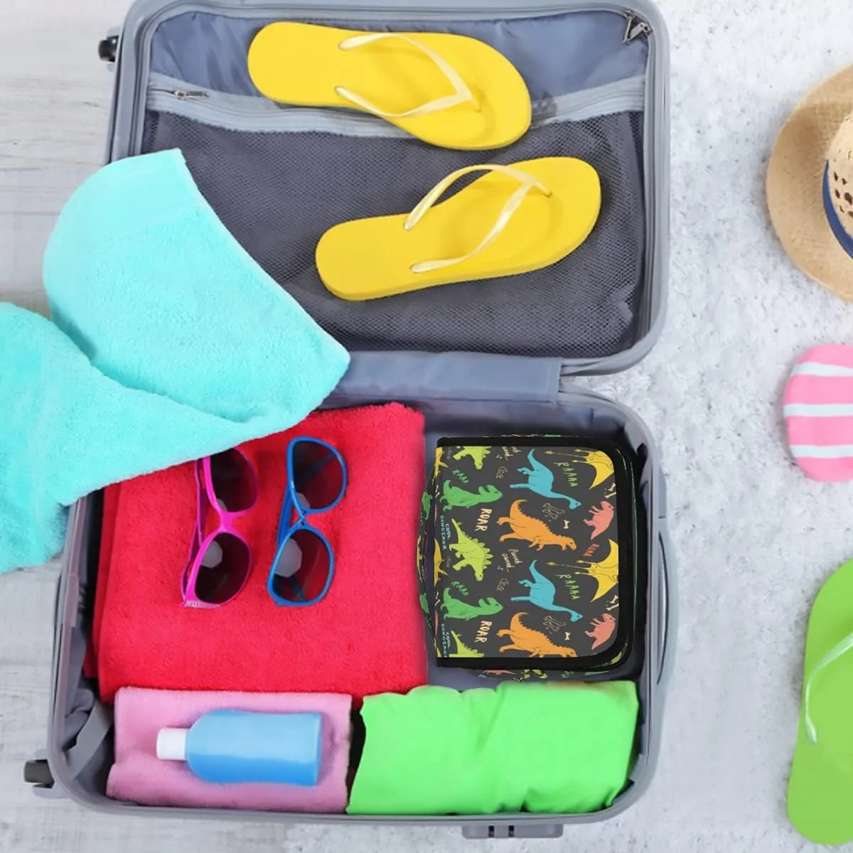 Hanging Travel Toiletry Bag Cartoon Cool Dinosaur Large Capacity Waterproof Cosmetic Bag Travel Portable Makeup Bag Organizer for Women Girls Men