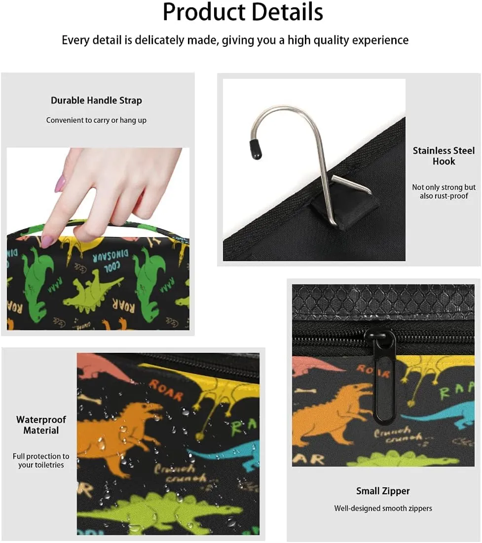 Hanging Travel Toiletry Bag Cartoon Cool Dinosaur Large Capacity Waterproof Cosmetic Bag Travel Portable Makeup Bag Organizer for Women Girls Men