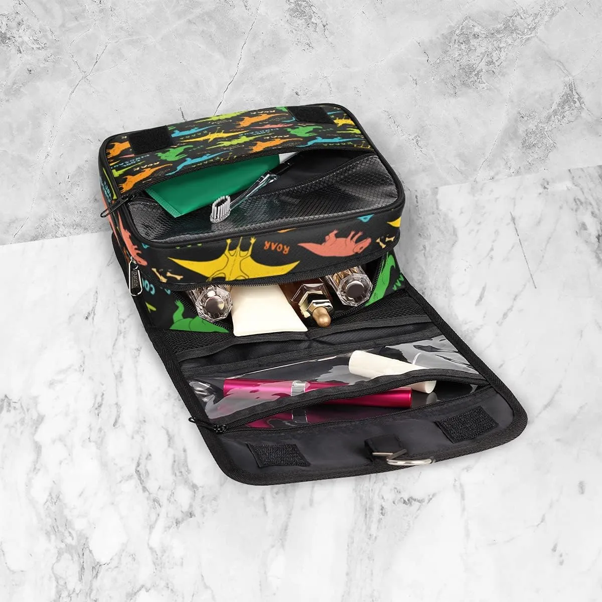 Hanging Travel Toiletry Bag Cartoon Cool Dinosaur Large Capacity Waterproof Cosmetic Bag Travel Portable Makeup Bag Organizer for Women Girls Men