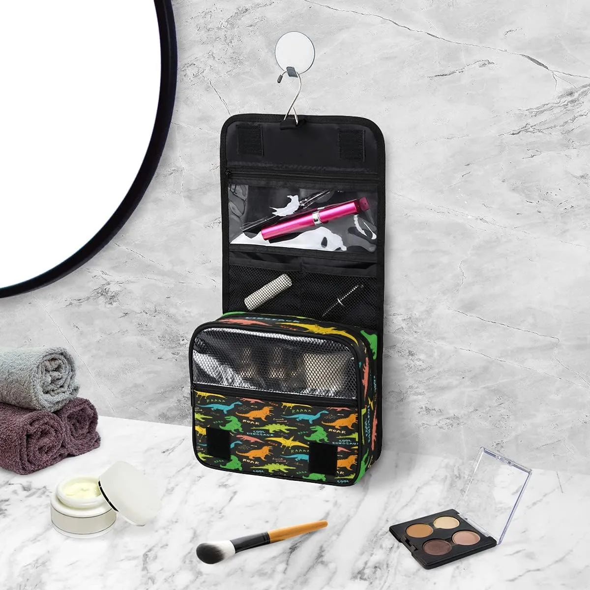 Hanging Travel Toiletry Bag Cartoon Cool Dinosaur Large Capacity Waterproof Cosmetic Bag Travel Portable Makeup Bag Organizer for Women Girls Men