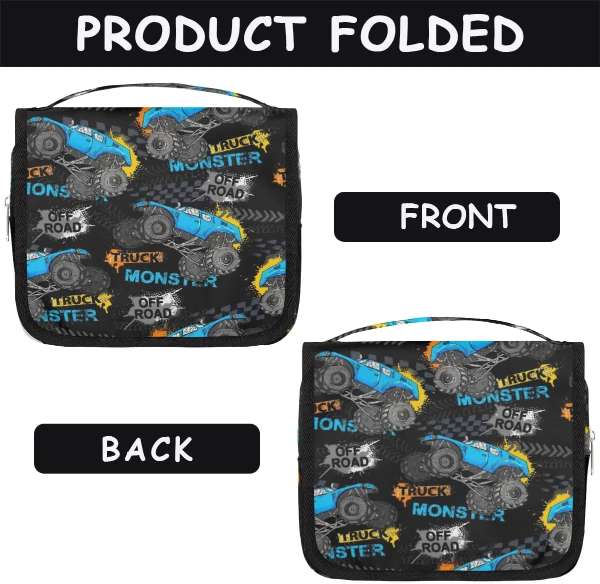 Hanging Travel Toiletry Bag for Kids, Women Cosmetic Organizer Makeup Bag Pouch Men Shaving Dopp Kit Shower Bag With Sturdy Hook(Off-Road Truck)