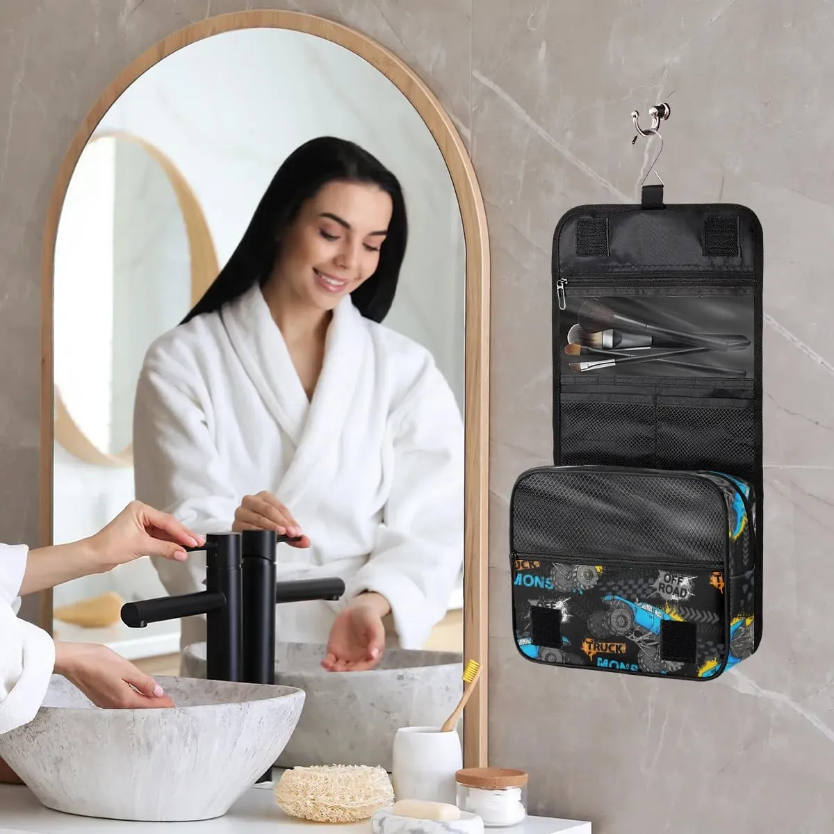 Hanging Travel Toiletry Bag for Kids, Women Cosmetic Organizer Makeup Bag Pouch Men Shaving Dopp Kit Shower Bag With Sturdy Hook(Off-Road Truck)