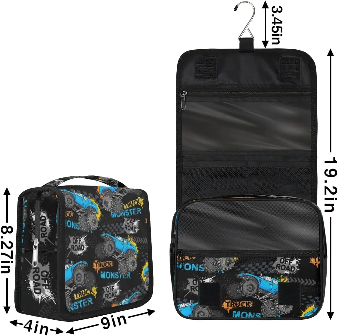 Hanging Travel Toiletry Bag for Kids, Women Cosmetic Organizer Makeup Bag Pouch Men Shaving Dopp Kit Shower Bag With Sturdy Hook(Off-Road Truck)
