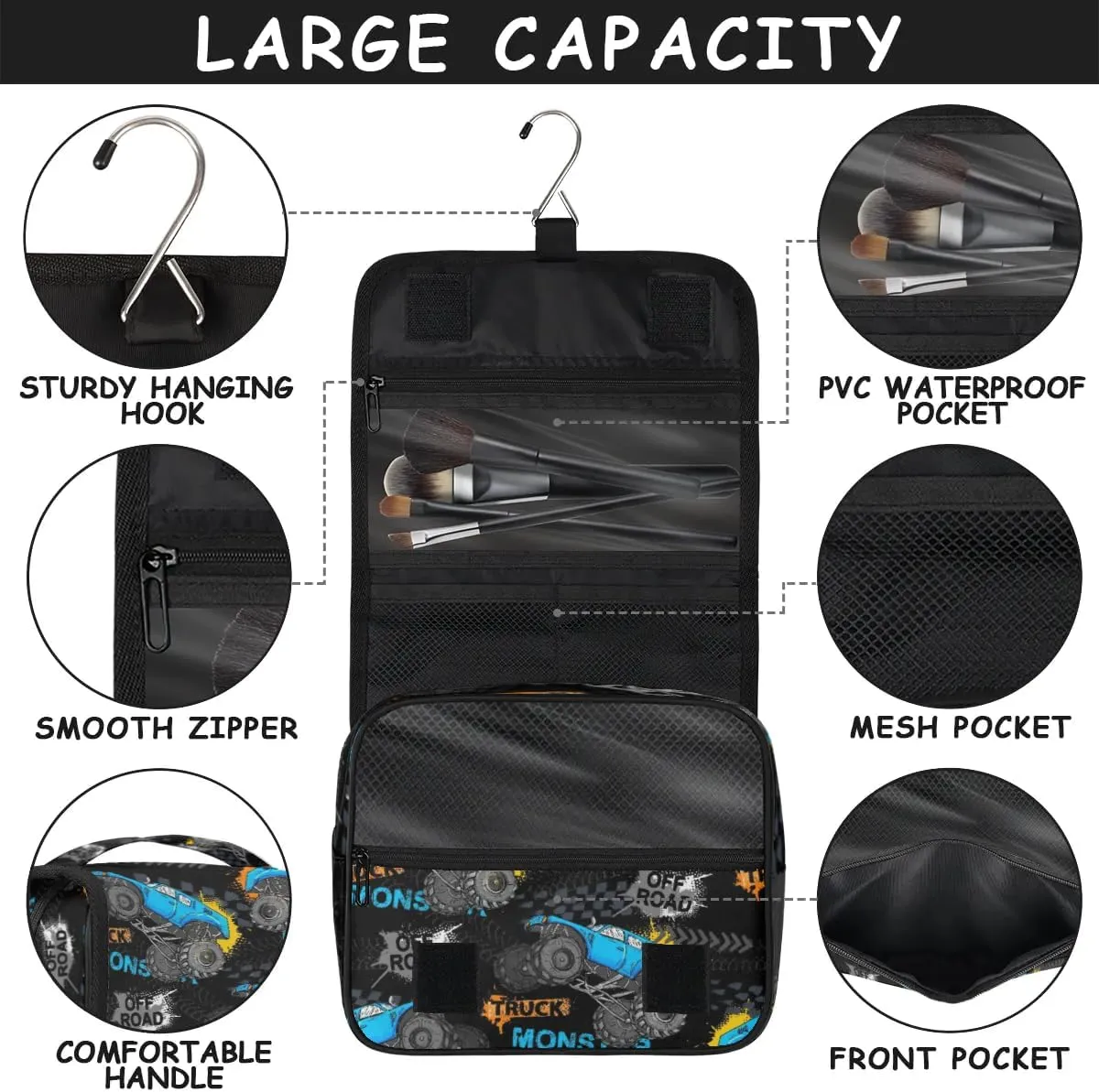 Hanging Travel Toiletry Bag for Kids, Women Cosmetic Organizer Makeup Bag Pouch Men Shaving Dopp Kit Shower Bag With Sturdy Hook(Off-Road Truck)