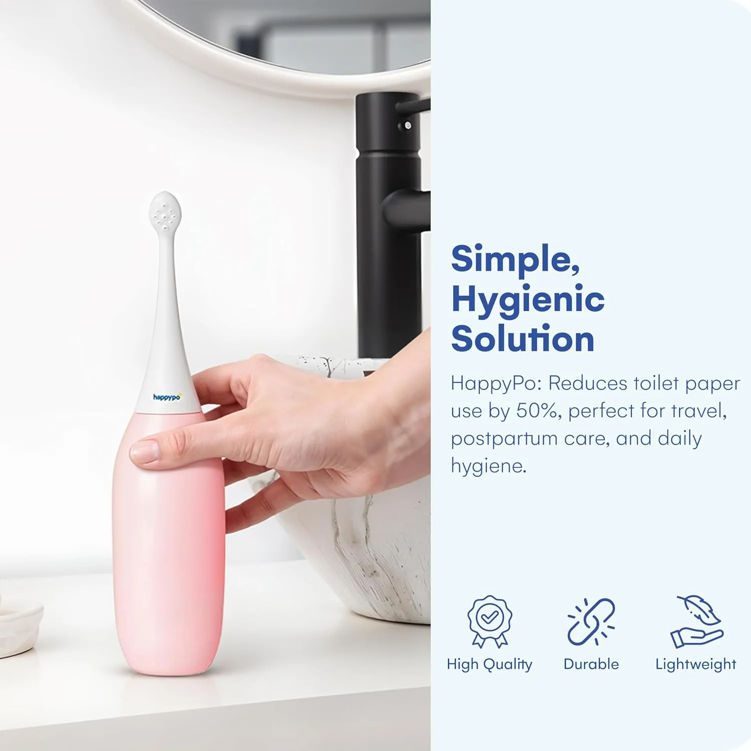 HAPPYPO Butt Shower - Portable Bidet with Travel Bag - Easy-Bidet 2.0 Replaces Wet Wipes and Shower Toilet - Rose