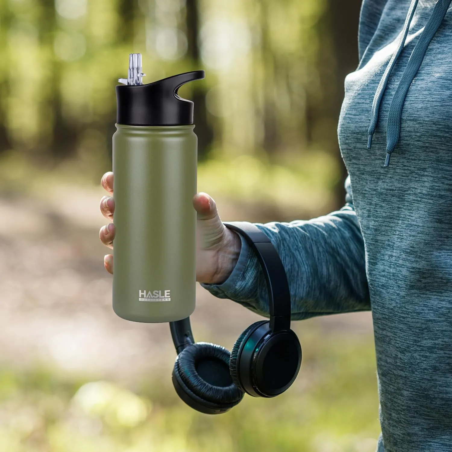 HASLE OUTFITTERS Insulated Water Bottle Kids 16 oz Double Wall Vacuum Stainless Steel Water Bottle Leak Proof for School Wide Mouth with Straw Lid & Spout Lid Keeps Cold and Hot(Army Green,8pack)
