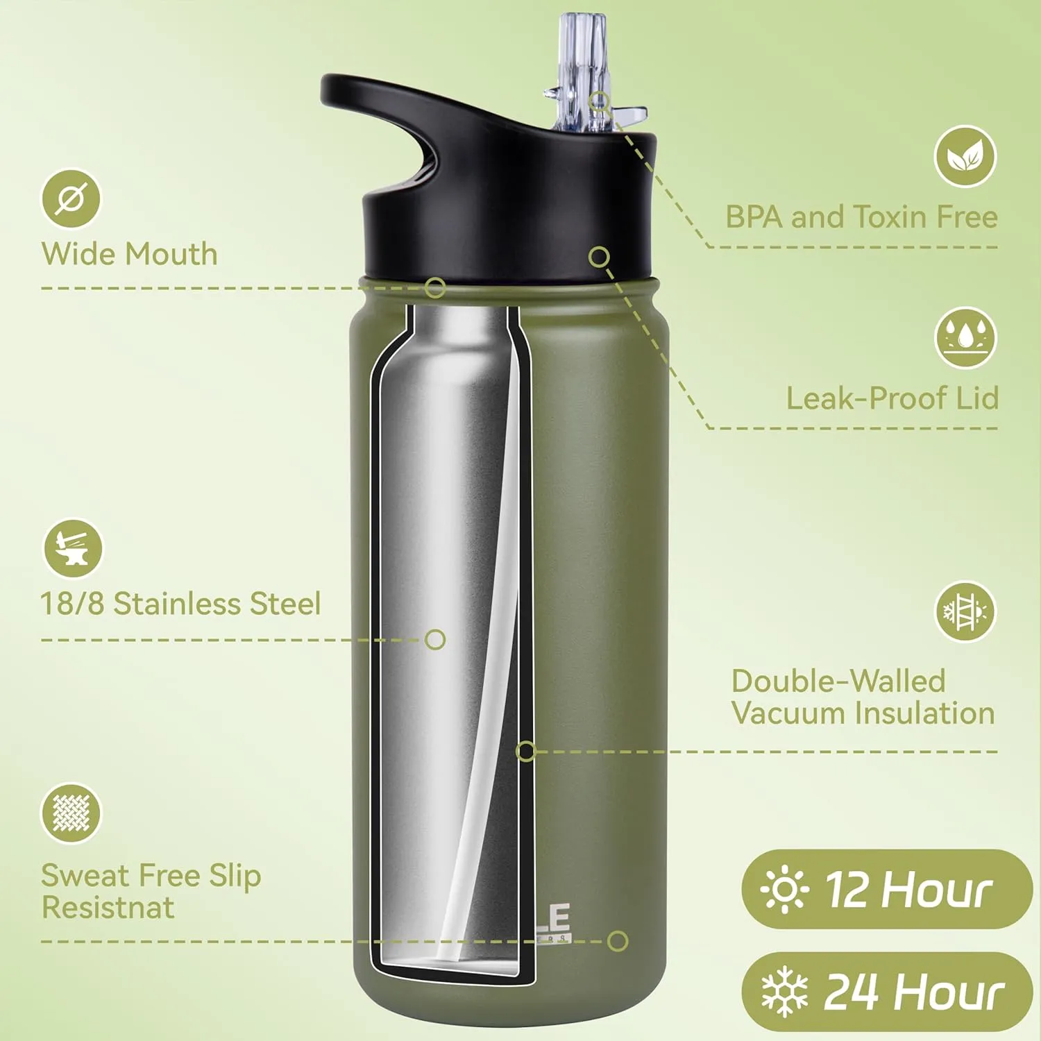 HASLE OUTFITTERS Insulated Water Bottle Kids 16 oz Double Wall Vacuum Stainless Steel Water Bottle Leak Proof for School Wide Mouth with Straw Lid & Spout Lid Keeps Cold and Hot(Army Green,8pack)
