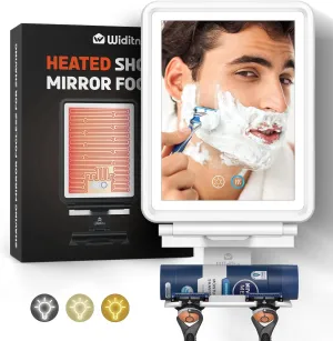 Heated Shower Mirror Fogless for Shaving, 3 Color Dimmable Lights Shower Mirror Fogless, Rechargeable Anti-Fog Shaving Mirror with Razor Holder, Storage Tray, Squeegee