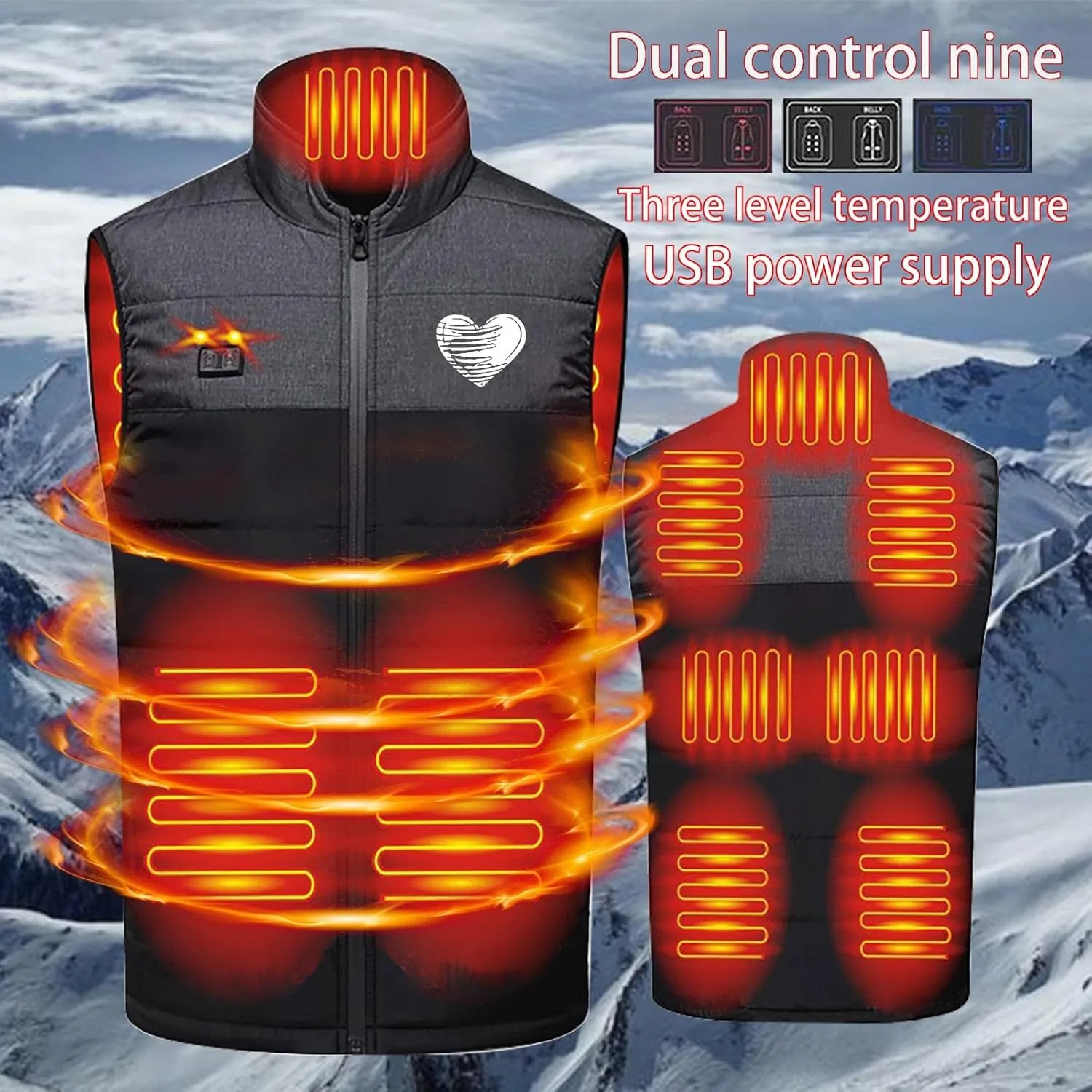 Heated Vest for Men Two Control Nine Zones Intelligent Heating Vests USB Electric Thermal Stand Collar Sleeveless Gilet