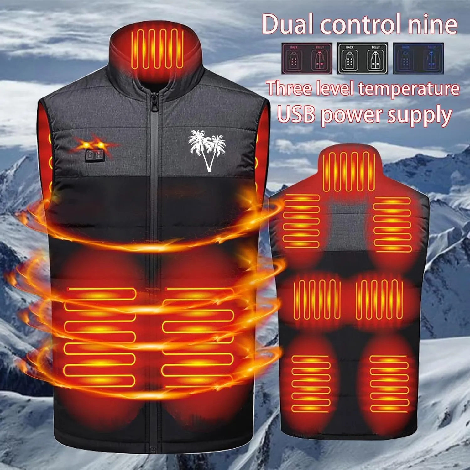 Heated Vest for Men Two Control Nine Zones Intelligent Heating Vests USB Electric Thermal Stand Collar Sleeveless Gilet