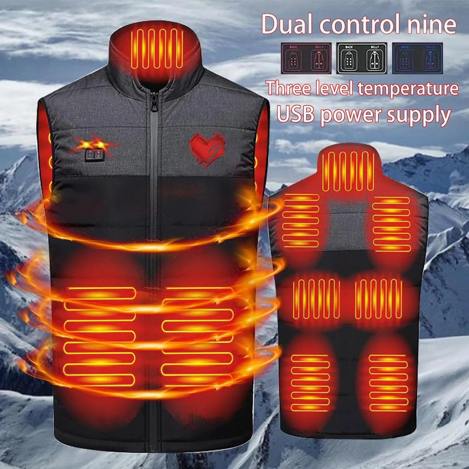 Heated Vest for Men Two Control Nine Zones Intelligent Heating Vests USB Electric Thermal Stand Collar Sleeveless Gilet