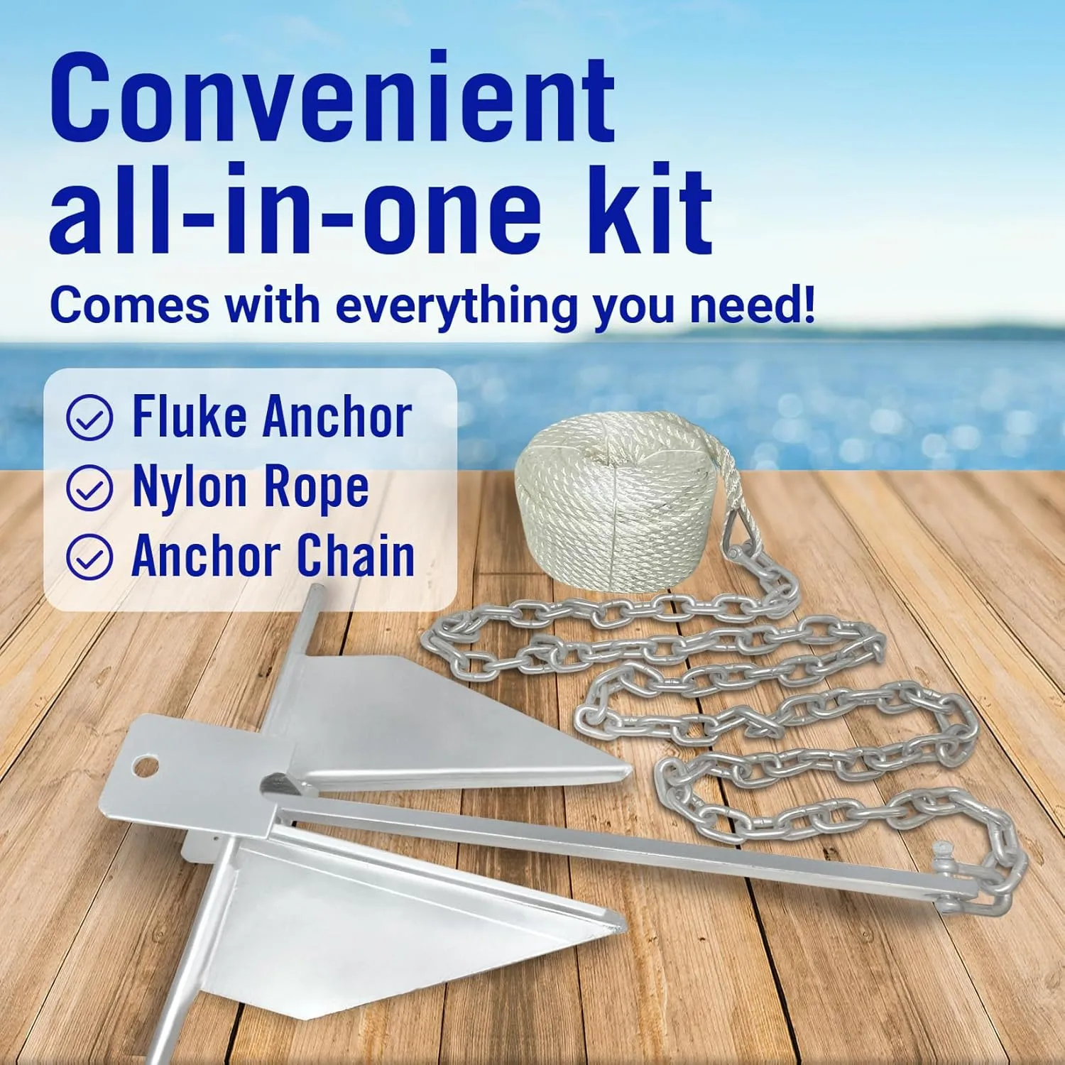 Heavy Duty Boat Anchor Kit, Fluke Design with Chain and Rope Set, for Pontoon, Deck, Fishing, and Sailboats of Various Sizes