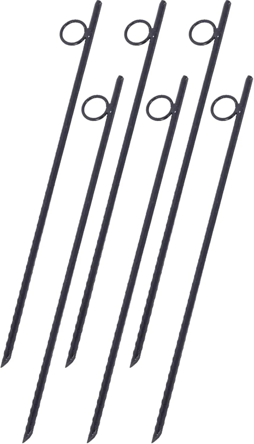Heavy-Duty Steel Rebar Stakes with Loop, Durable 18 Inch Ground Stakes for Tent Canopies, 6-Piece Set, Black