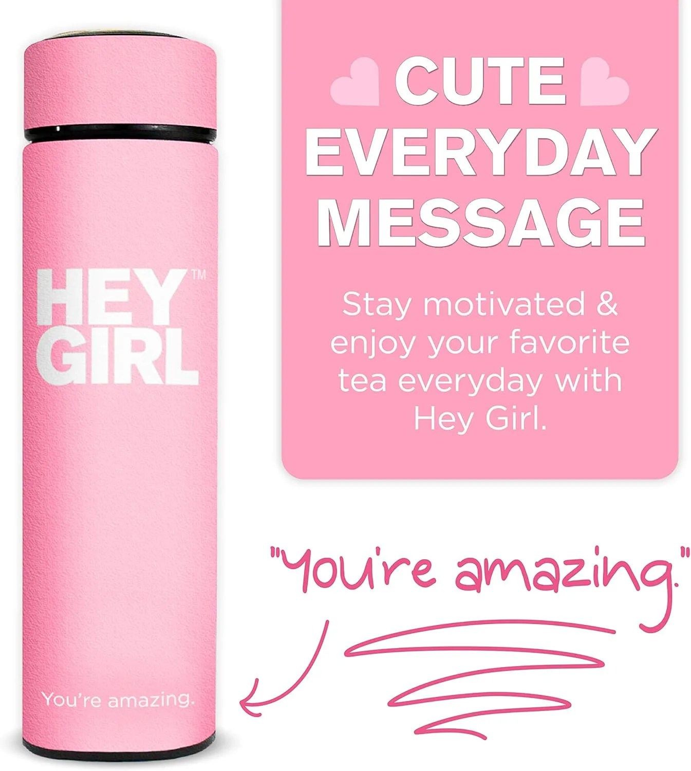 Hey Girl Tea Infuser Bottle 450ml - Insulated Stainless Steel Water Bottle - Tea Tumbler with Tea Diffuser - Portable Travel Mug for Loose Leaf Tea & Infused Water - Tea Lovers Gifts for Women