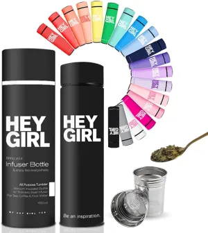 Hey Girl Tea Infuser Bottle 450ml - Insulated Stainless Steel Water Bottle - Tea Tumbler with Tea Diffuser - Portable Travel Mug for Loose Leaf Tea & Infused Water - Tea Lovers Gifts for Women