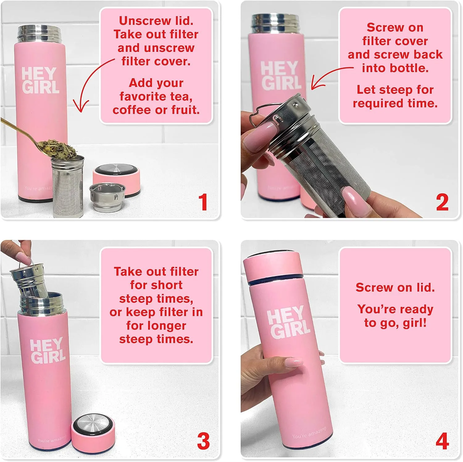 Hey Girl Tea Infuser Bottle 450ml - Insulated Stainless Steel Water Bottle - Tea Tumbler with Tea Diffuser - Portable Travel Mug for Loose Leaf Tea & Infused Water - Tea Lovers Gifts for Women