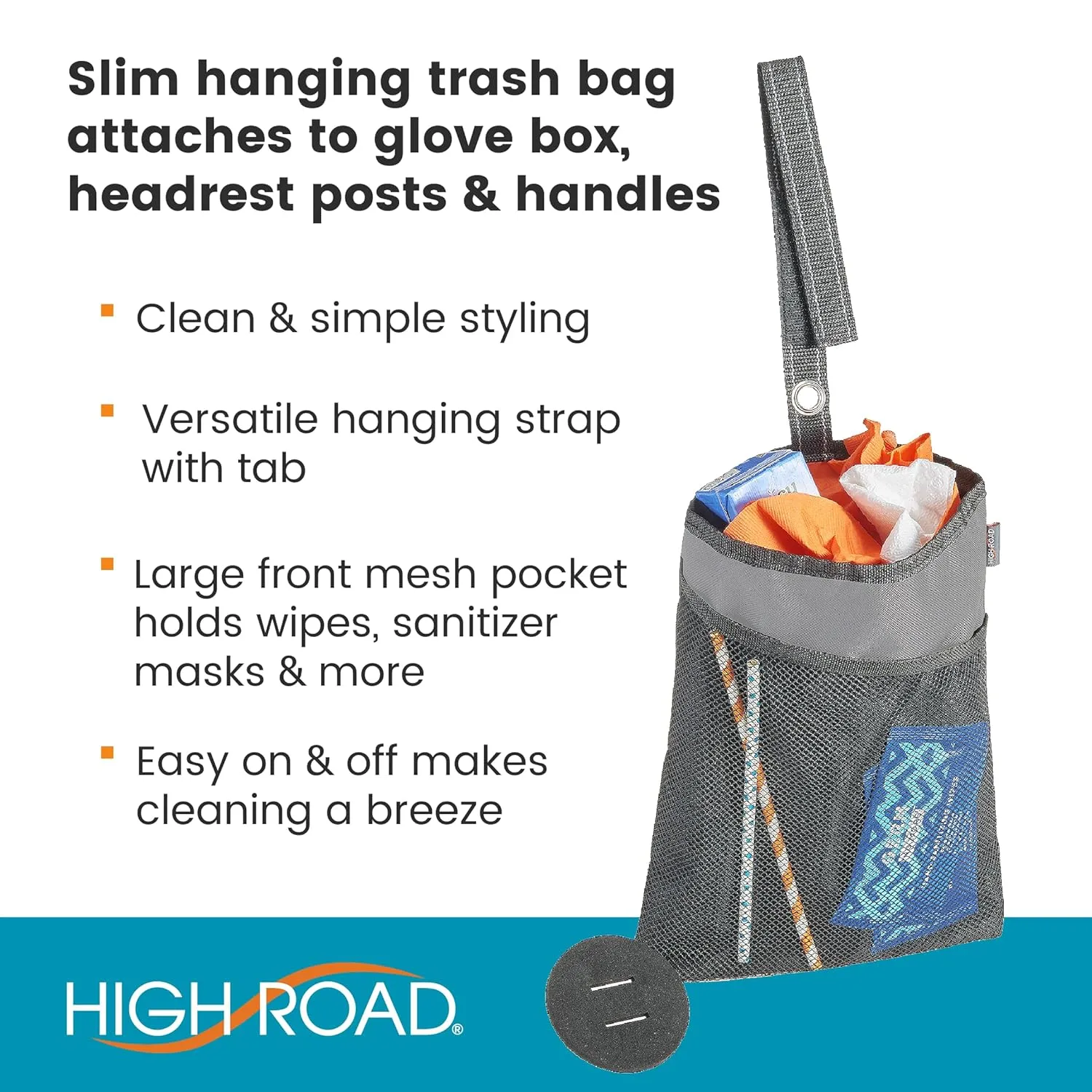 High Road TrimTrash Hanging Car Garbage Bag - Leakproof and Compact with Magnetic Closure and Storage Pocket
